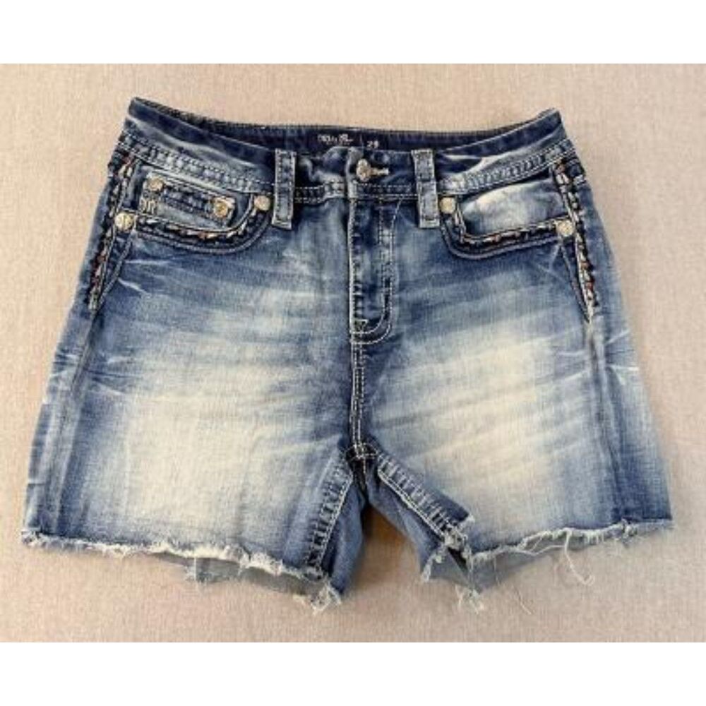 Miss Me Blue Denim Cutoff Shorts Size 28 Embellished Frayed Raw Hem Shorts